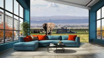 African Safari Adventure With Elephants and Vehicle Wall mural