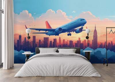 A large passenger plane flying in the sky and a background illustration of the city skyline Wall mural