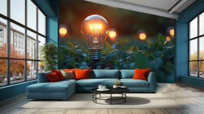 Green leaves and luminous light bulb background, energy saving and environmental protection concept Wall mural