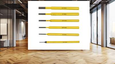 Detail of a set of different yellow punches on a white background. They are tools to insert or remove pins or to mark materials. Wall mural