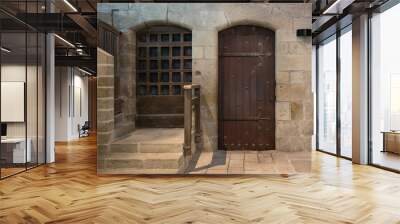 Detail of two old wooden doors inside Mont Saint-Michel Abbey Wall mural