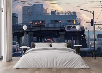 Anime background of city overpass and traffic, generative AI Wall mural