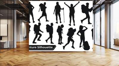 Collection of Hiker in mountains silhouettes in different poses Wall mural