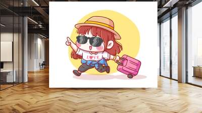 Cute and kawaii Excited Girl Bring Suitcase for Holiday Manga Chibi Illustration Wall mural