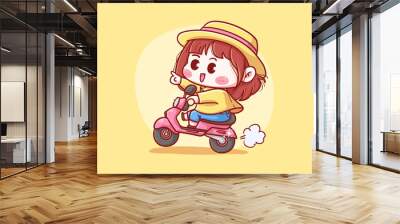 Cute and kawaii Girl With Straw Hat Riding Scooter for delivery manga chibi Illustration Wall mural