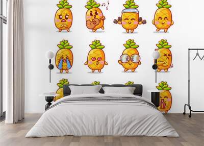 Cute and Kawaii pineapple Sticker Illustration Set With Various Activity and Expression for mascot Wall mural