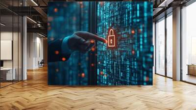 cybersecurity protection with a businessman holding a digital padlock for login identity verification and credentials secure network system for data privacy and protection Wall mural