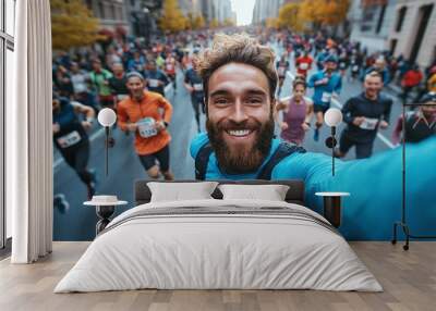 scene of a man capturing a selfie during a marathon run emphasizing the dynamic action, personal achievement, and excitement of the fitness competition Wall mural