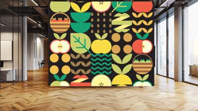 Apple icon abstract artwork. Design illustration of colorful apple pattern, leaves, and geometric symbols in minimalist style. Whole fruit, cut and split. Simple flat vector on a black background. Wall mural