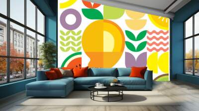 Geometric summer fresh fruit cut artwork poster with colorful simple shapes. Scandinavian style flat abstract vector pattern design. Minimalist illustration of a ripe mango on a white background. Wall mural