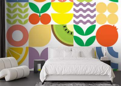 Geometric summer fresh fruit cut artwork poster with colorful simple shapes. Scandinavian styled flat abstract vector pattern design. Minimalist illustration of fruits and leaves on white background. Wall mural