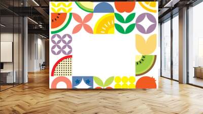 Geometric summer fresh fruit cut artwork poster with colorful simple shapes. Scandinavian styled flat abstract vector pattern design. Minimalist illustration of fruits and leaves on white background. Wall mural