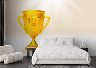 Award gold cup winner on beige background with shining rays. 3d render Wall mural