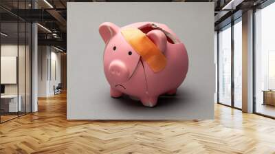 Broken piggy bank with band-aid on gray background Wall mural