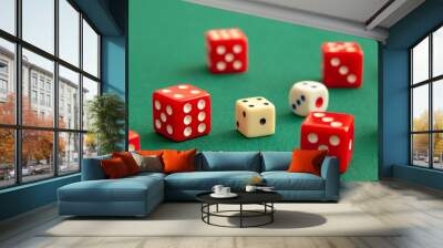 Red dices on green poker gaming table in casino. Concept online gambling Wall mural