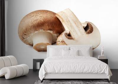 two fresh mushrooms champignons, one whole and the other cut in half isolated on white background wi Wall mural