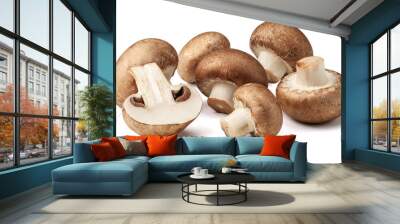 Two fresh mushrooms champignons, one whole and the other cut in half isolated on white background with clipping path Wall mural