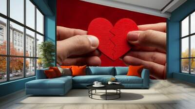 Two halves of one heart. A man and a woman connect a heart together. Couples in love Wall mural