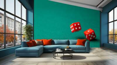 Two red dice on green poker gaming table in casino. Concept online gambling. Copy space for text Wall mural