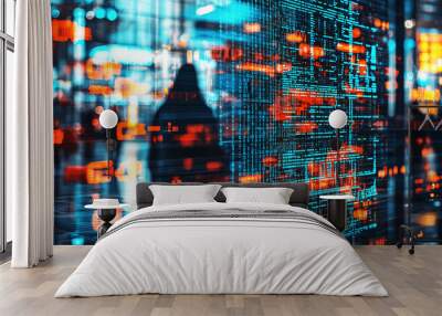 Abstract digital cityscape with blurred figures and glowing data streams Wall mural