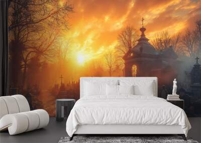 Abstract Eerie Cemetery at Sunset - A Hauntingly Beautiful Scene Wall mural