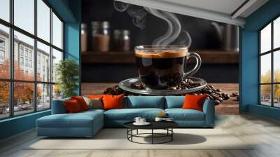 Coffee Cup on Rustic Wooden Countertop Wall mural