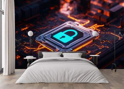 Cybersecurity concept with padlock icon on computer chip. A computer chip with a glowing blue lock symbol Wall mural