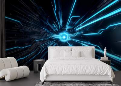 Futuristic Circuit Energy Burst - Electrifying Blue Tech Explosion for Cutting-Edge Designs perfect for wallpapers, background Wall mural