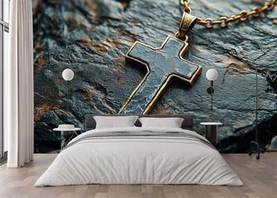 Gold Cross Pendant on Rustic Background | Symbol of Faith and Hope Wall mural