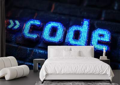 Inscription: 'Code' on Black Background. Blue Neon Effect - Abstract Digital Art Wall mural