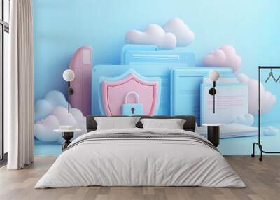 Secure Cloud Storage - 3D Render of Shield with Lock and Files for Data Security Wall mural