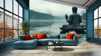 Serene Buddha Statue in Misty Lake | A Moment of Tranquility Wall mural