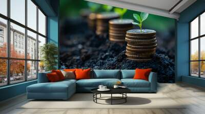 Stacks of coins with growing plants symbolizing financial growth and investment potential. Financial Investment and Wealth Building Metaphor and Sustainability Wall mural