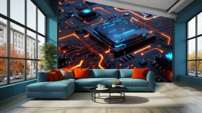 a circuit board with orange and blue glowing lines and numbers floating above it. Wall mural