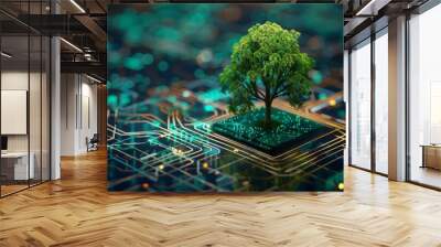 A Green Tree Growing Out of a Circuit Board Wall mural