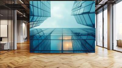 A low angle view of a modern skyscraper with a reflection of a building. Wall mural