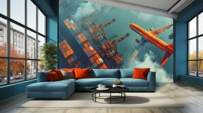 Airplane flying over cargo ship and container port Wall mural