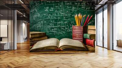 An open book lies on a wooden desk in front of a chalkboard covered in equations, surrounded by antique books and pencils in a vintage container. Wall mural