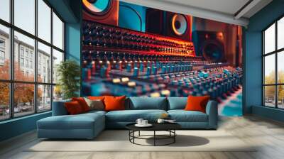 Close-up of an Audio Mixing Board with Red and Blue Lighting Wall mural