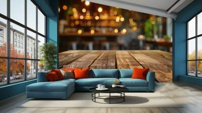 Close-up of Rustic Wooden Tabletop with Blurry Cafe Background Wall mural