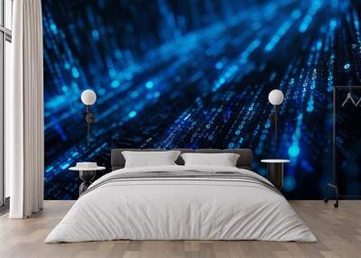 Digital data stream of blue numbers and code flowing in the dark space, abstract background for technology or digital information concept with binary number on black screen Wall mural