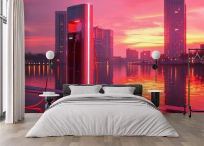 Electric Vehicle Charging Station at Sunset with City Skyline Wall mural