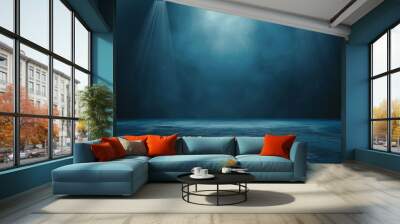 Empty scene with glowing green and blue smoke environment atmosphere reflect on floor. Fashion vibrant colors spectrum background. 3d rendering Wall mural