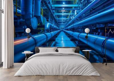 Industrial Pipes and Machinery in a Blue Lit Factory Wall mural