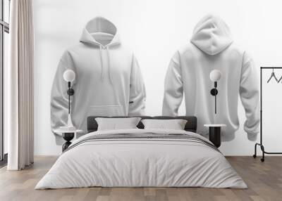 Men's white blank hoodie template,from two sides, natural shape on invisible mannequin, for your design mockup for print, isolated on white background Wall mural