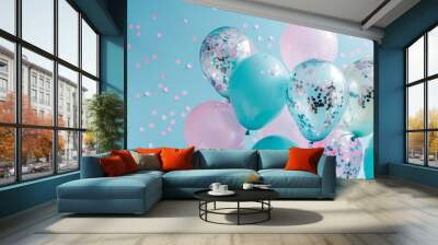 Pastel Balloons with Confetti on a Blue Background Wall mural