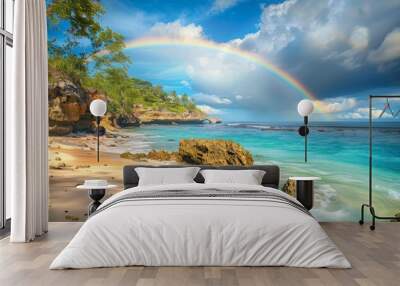 Rainbow Over Tropical Beach with Rocky Cliffs Wall mural