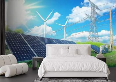 Solar panels, wind turbines, and power lines in a field of green grass and flowers under a bright blue sky. Wall mural