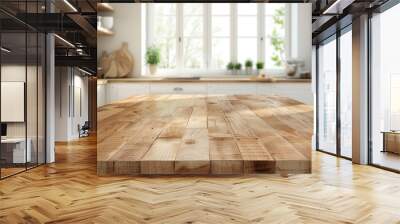 Wooden table on blurred kitchen bench background. Empty wooden table and blurred kitchen background Wall mural