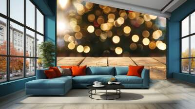 Wooden Tabletop with Blurred Festive Lights and Bokeh Wall mural